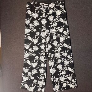 Womens L Black White Floral Wide Leg High Rise Pants Tropical Resort Boho